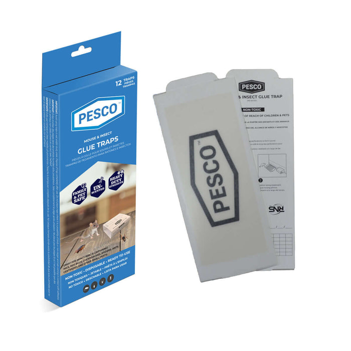 Image of Pre-baited PESCO™ MOUSE & INSECT GLUE BOARDS as a packaged product, and a single glue board