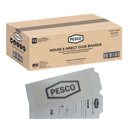 Image of Pre-baited 72-pack PESCO™ MOUSE & INSECT GLUE BOARDS as a packaged product, and a single glue board